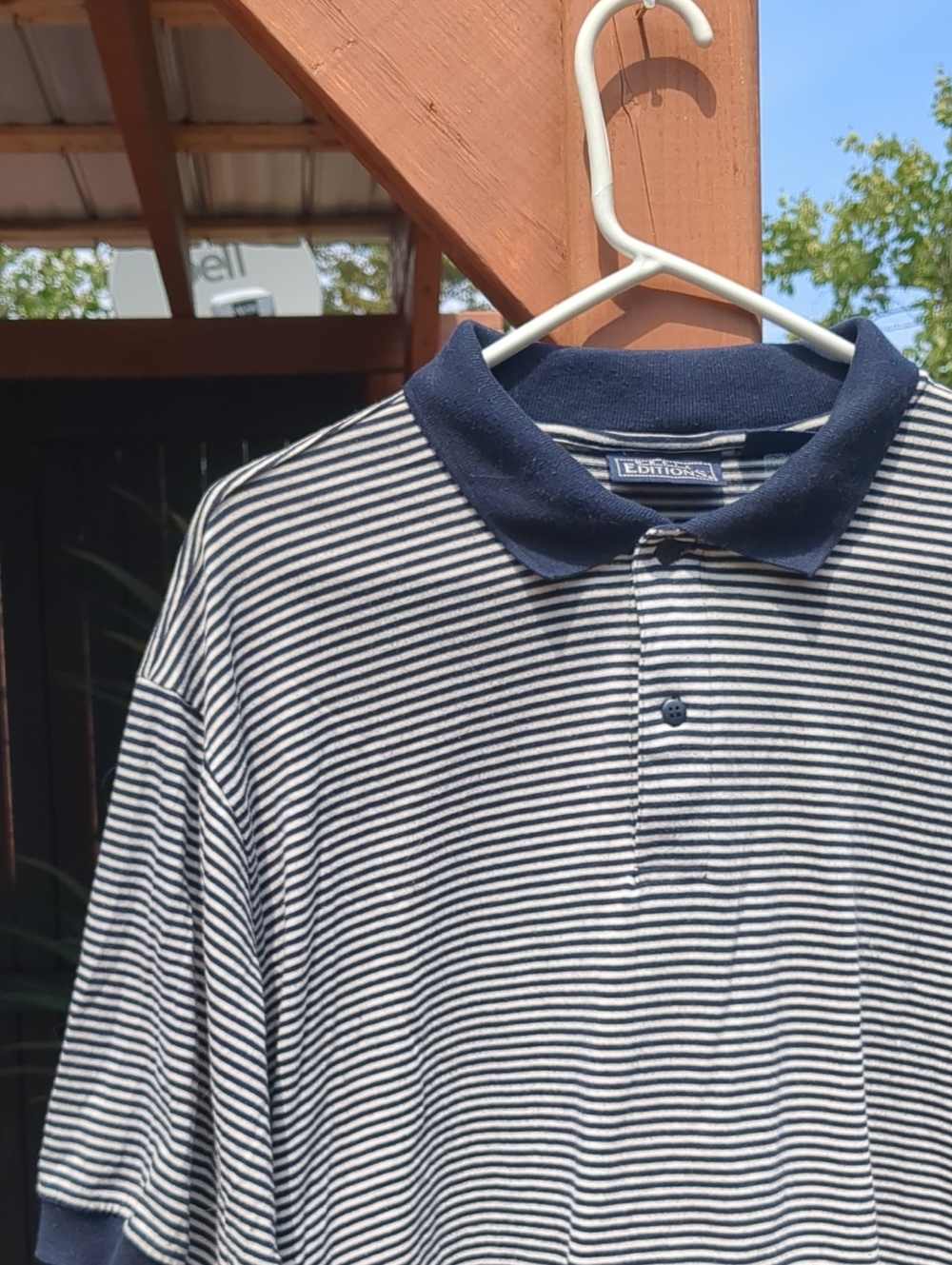 -VINTAGE- Navy and White Narrow-Stripe Polo Size XL